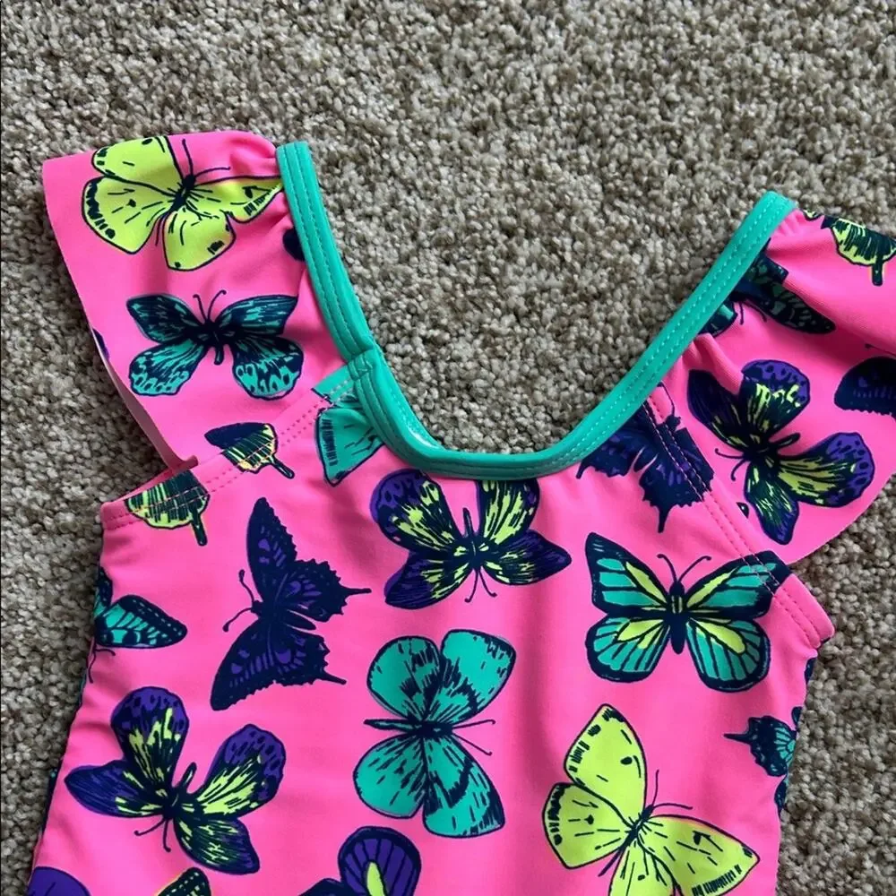 Pink Ruffle Butterfly Print Swimsuit, 18 Months